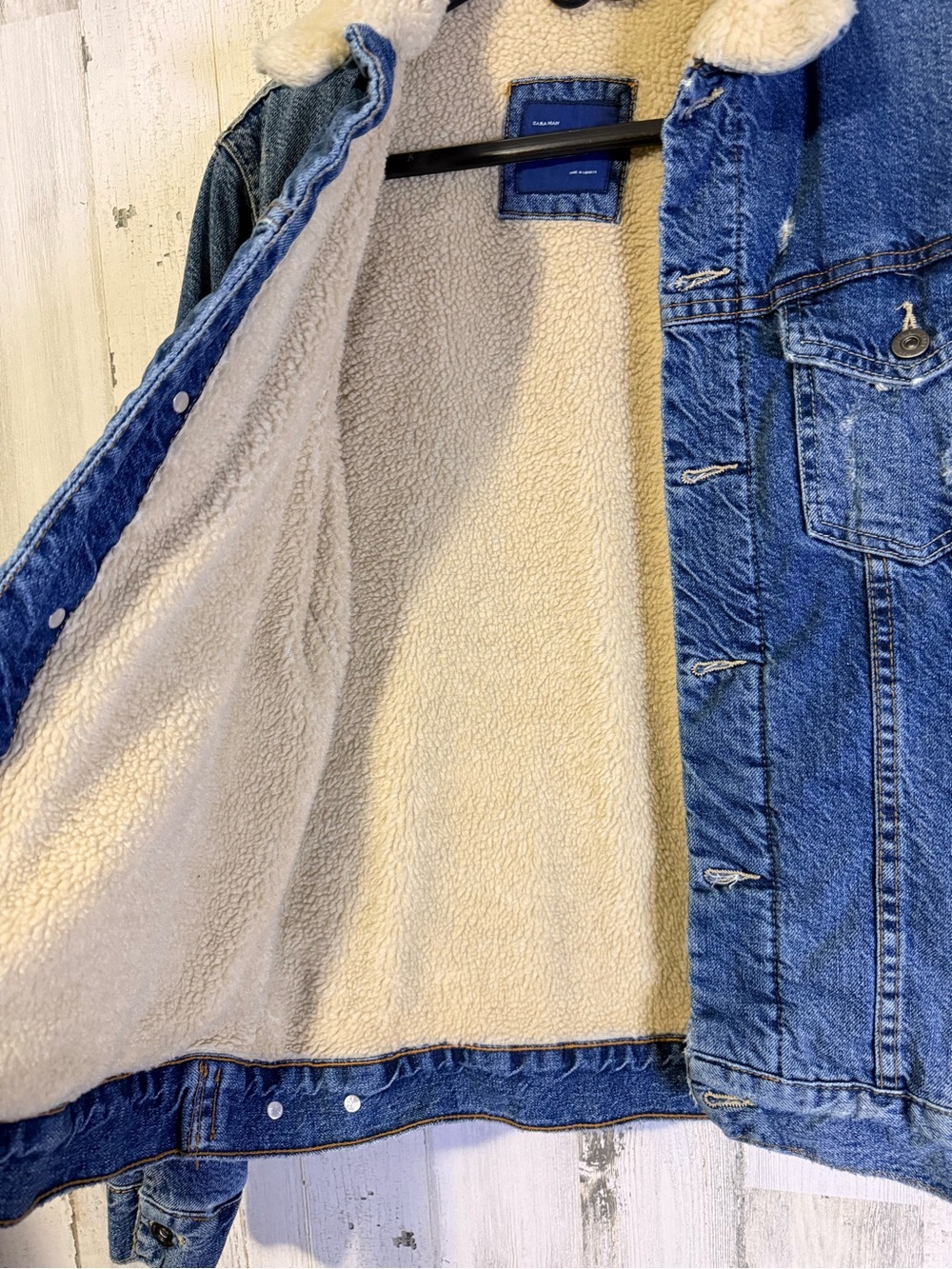 Zara Man Denim Sherpa Trucker Jacket Blue Medium Sherpa Lined Winter Coat - Picture 4 of 8